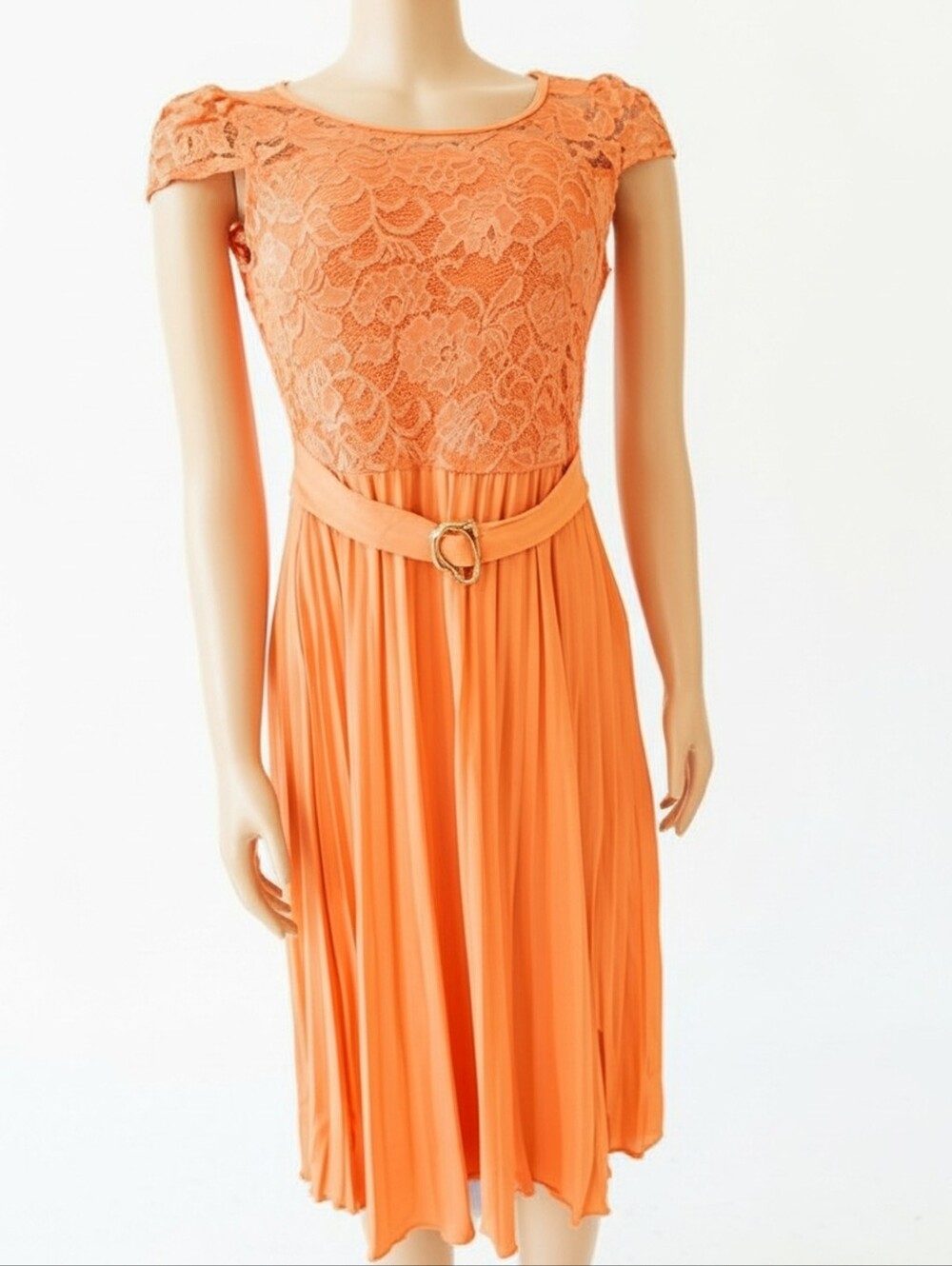 Elegant Orange Lace Bodice Midi Dress